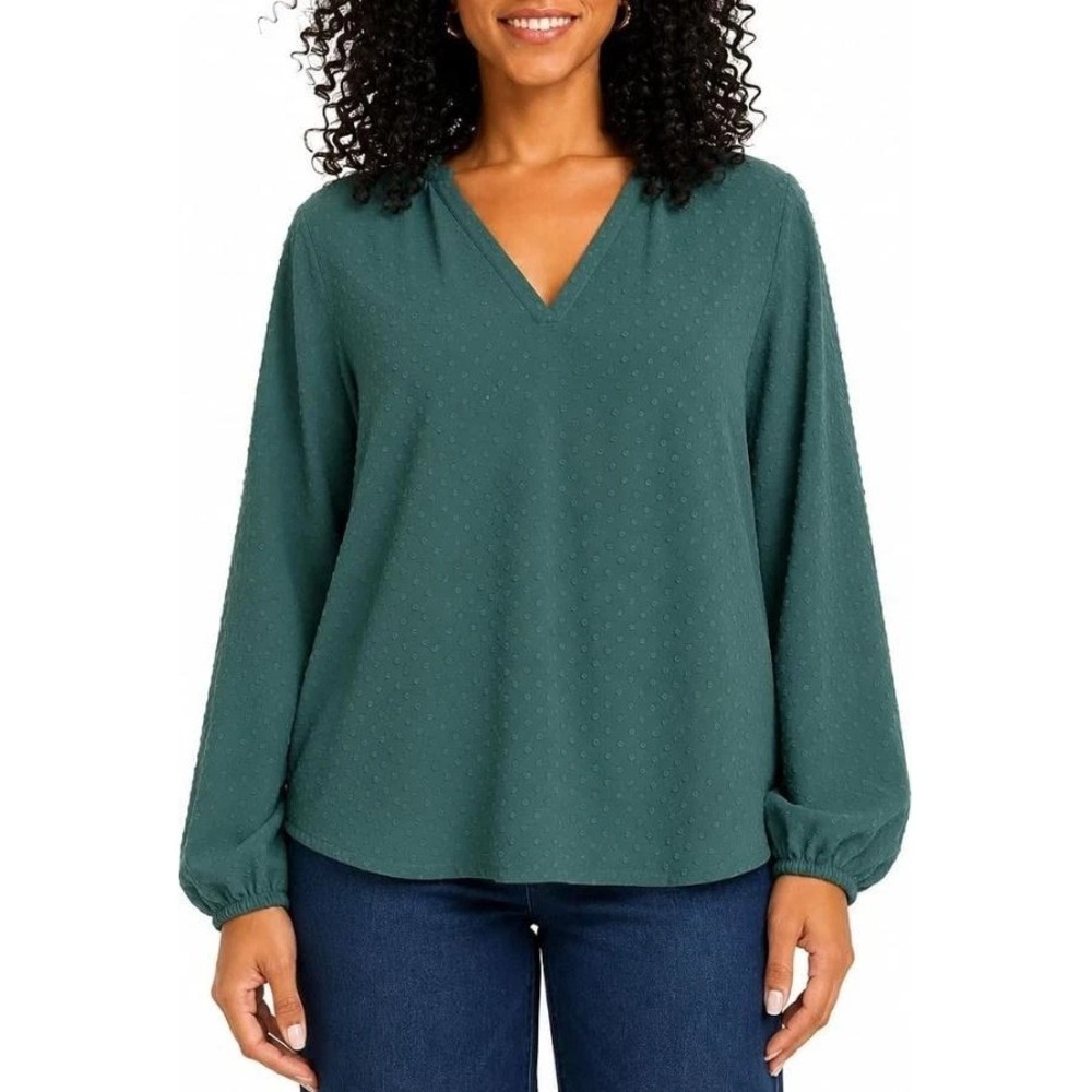 Weatherproof Vintage Women's Long Sleeve Textured V-Neck Blouse, Green, Large